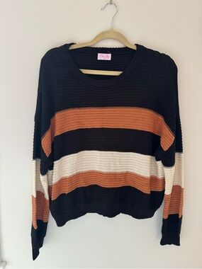 Pink Lily Black, Rust & Cream Striped Crew Neck Sweater